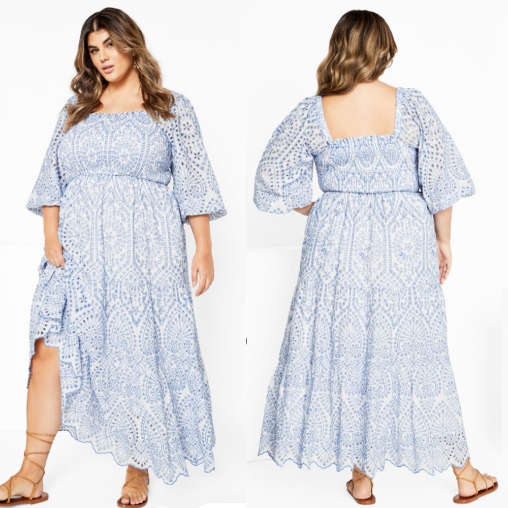 City Chic Brodie 2 Tone Eyelet Maxi Dress Cottagecore Preppy Size Small (16) - Picture 1 of 15